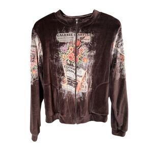 Vintage Confetti Sweatshirt - Chocolate Brown Floral Velour Zip-Up - L